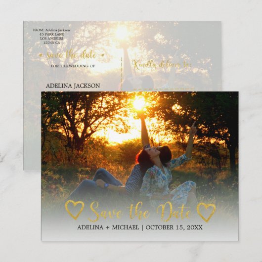 Moderne romantische gouden bruiloft met behoud van aankondigingskaart (Voorkant / Achterkant)