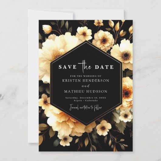 Moderne romantische gouden en zwarte bruiloft save the date (Voorkant)