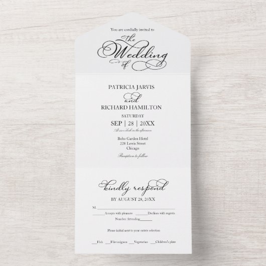 Moderne romantische kalligrafie bruiloft all in one uitnodiging (Binnen)