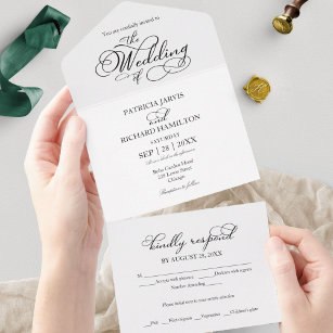 Moderne romantische kalligrafie bruiloft all in one uitnodiging