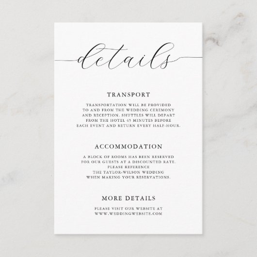 Moderne romantische kalligrafie bruiloft details informatiekaartje (Voorkant)