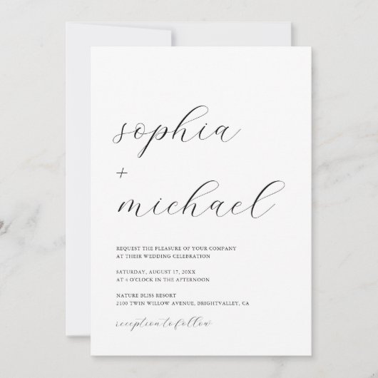 Moderne romantische kalligrafie zwart-wit bruiloft kaart (Voorkant)