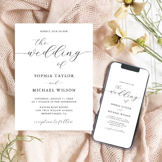 Moderne romantische kalligrafie zwart-wit bruiloft kaart