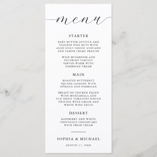 Moderne romantische kalligrafie zwart-wit bruiloft menu (Voorkant)