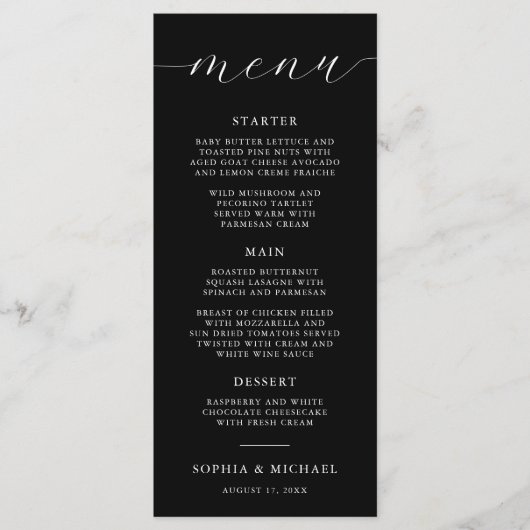 Moderne romantische kalligrafie zwarte bruiloft menu (Voorkant)