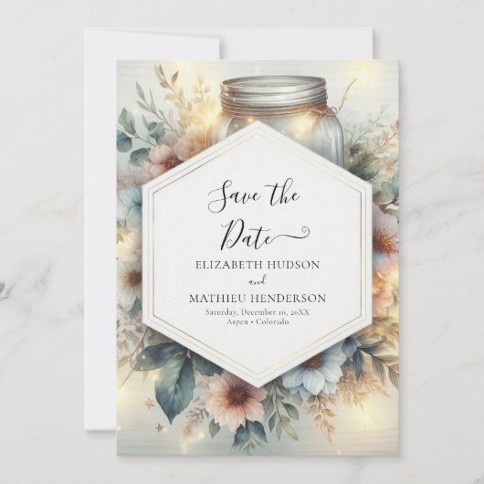 Moderne romantische Mason Jar bruiloft Save The Date (Voorkant)