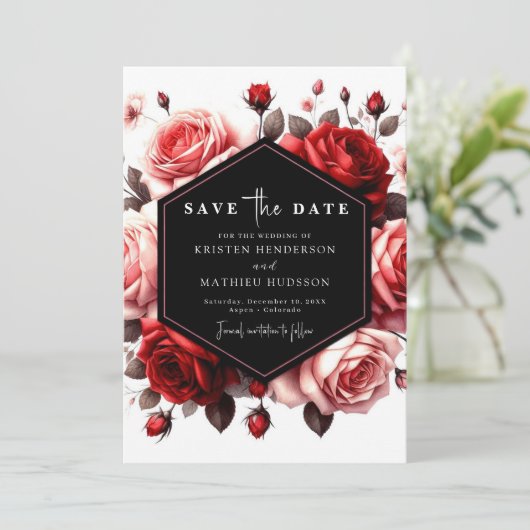 Moderne Romantische Robijnrode Bruiloft Save The Date (Staand voorkant)