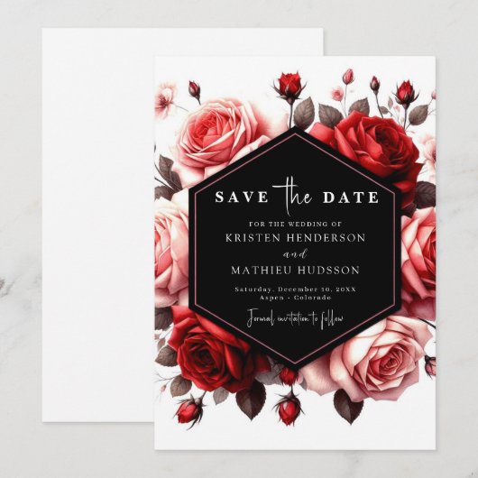 Moderne Romantische Robijnrode Bruiloft Save The Date (Voorkant / Achterkant)