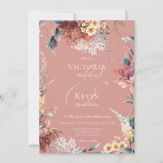 Moderne romantische roze tuin bloemenbruiloft kaart (Voorkant)