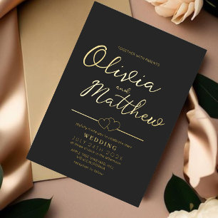 Moderne romantische script folie goud en zwart huw uitnodiging