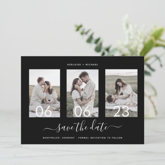 Moderne Romantische Script Photo Collage Save The Date (Staand voorkant)