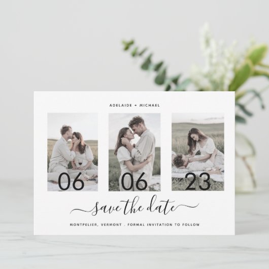 Moderne Romantische Script Photo Collage Save The Date (Staand voorkant)