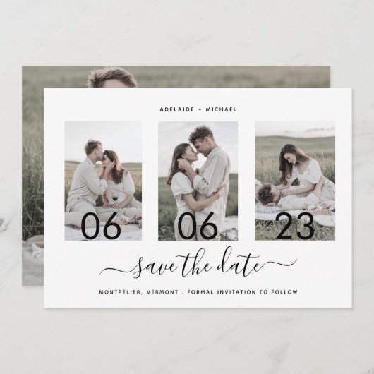 Moderne Romantische Script Photo Collage Save The Date (Voorkant / Achterkant)