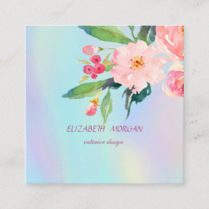 Moderne Romantische Waterverf Flowers Holographic Vierkante Visitekaartje