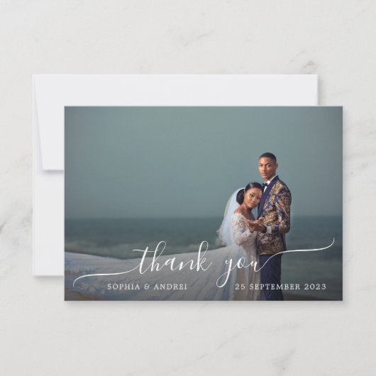 Moderne romantische witte kalligrafie foto bruilof bedankkaart (Voorkant)