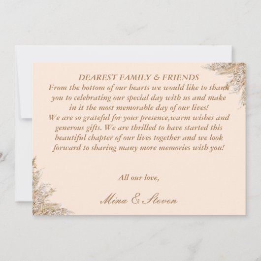 Moderne Romige pampas gras bruiloft Bedankkaart (Achterkant)