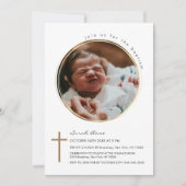 Moderne ronde cirkel foto gouden kruis doop kaart (Voorkant)