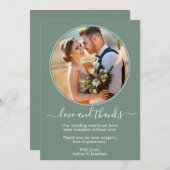 Moderne ronde foto Lijst Sage Green Wedding Bedankkaart (Voorkant / Achterkant)