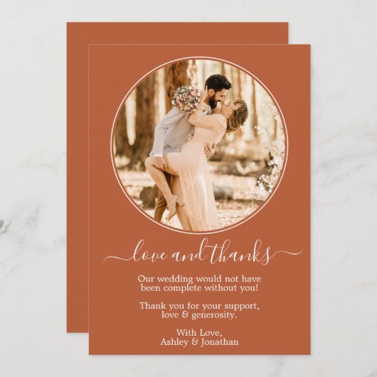 Moderne Ronde Fotolijst Verbrand Oranje Bruiloft Bedankkaart (Voorkant / Achterkant)