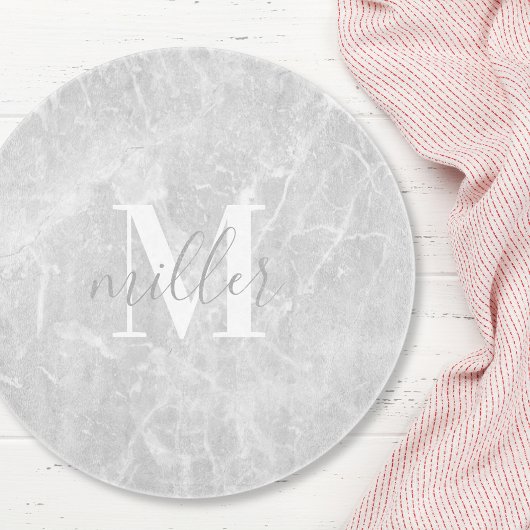 Moderne Ronde Witte Marmeren Monogram Glas Snijplank