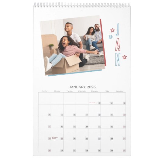 Moderne Rood & Blauw Hand-getrokken Sterren Famili Kalender (Jan 2026)