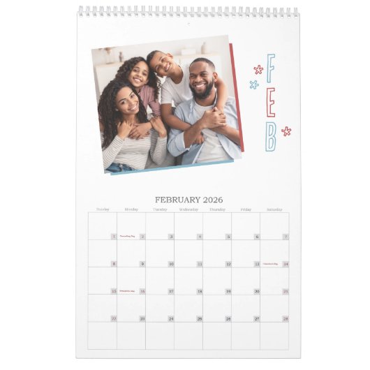 Moderne Rood & Blauw Hand-getrokken Sterren Famili Kalender (Feb 2026)
