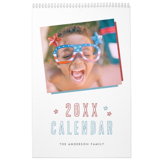Moderne Rood & Blauw Hand-getrokken Sterren Famili Kalender (Hoes)