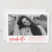 Moderne Rood Borstel Schrift Foto Afstuderen Aankondiging (Voorkant)