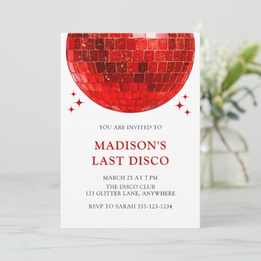 Moderne Rood Disco Bal Laatste Disco Bruidsfeest Kaart (Staand voorkant)