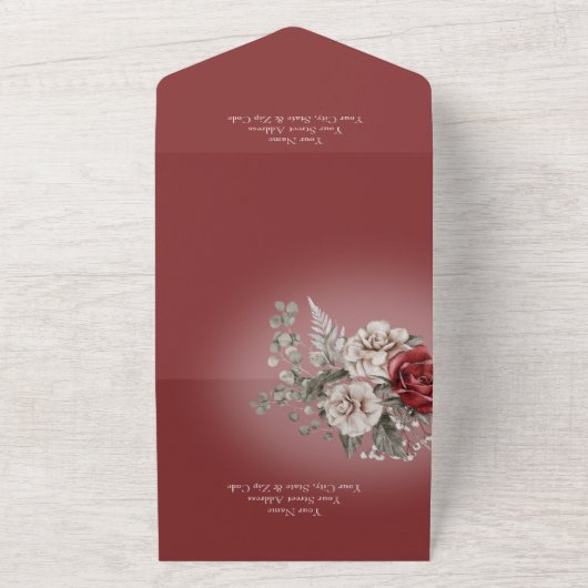 Moderne Rood- en bruine Rozen QR-code All In One Uitnodiging (Buitenkant)