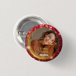 Moderne Rood en Goud Glitter Foto Naam Verjaardag Ronde Button 3,2 Cm
