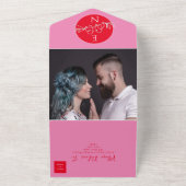 Moderne Rood en Roze Bruiloft All In One Uitnodiging (Buitenkant)