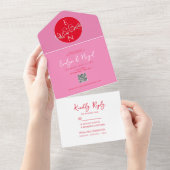 Moderne Rood en Roze Bruiloft All In One Uitnodiging (Afscheurbaar)