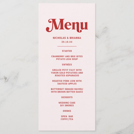 Moderne Rood en Roze Huwelijksthema Menu (Voorkant)