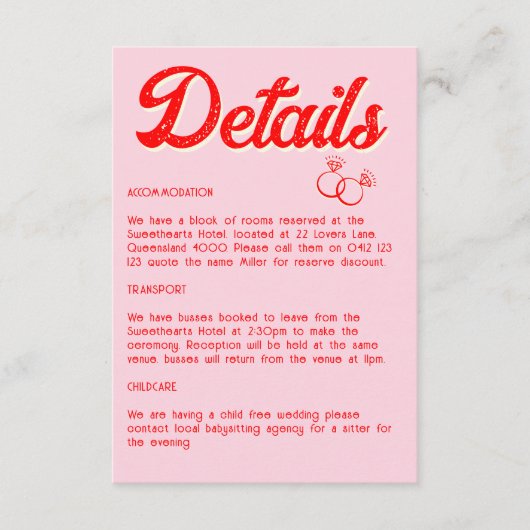 Moderne rood en roze vet details informatiekaartje (Voorkant)