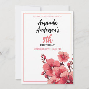 Moderne Rood en Wit Bloemen Meisje 9 Verjaardag Kaart