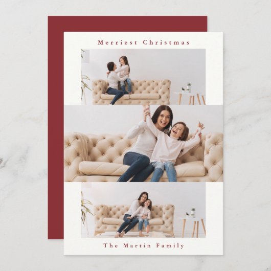 Moderne rood en wit collage met drie foto's feestdagenkaart (Voorkant / Achterkant)