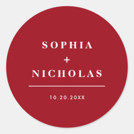 Moderne rood en wit minimale elegante bruiloft ronde sticker