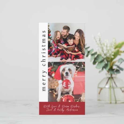 Moderne Rood en Wit Sneeuwvlok Foto Kerstmis Feestdagenkaart (Staand voorkant)