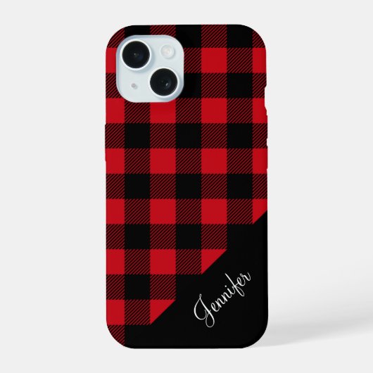 Moderne Rood Geruit Patroon Naam iPhone 15 Case (Achterkant)