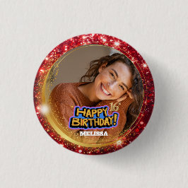 Moderne Rood & Goud Glitter Foto Naam 16e Verjaard Ronde Button 3,2 Cm
