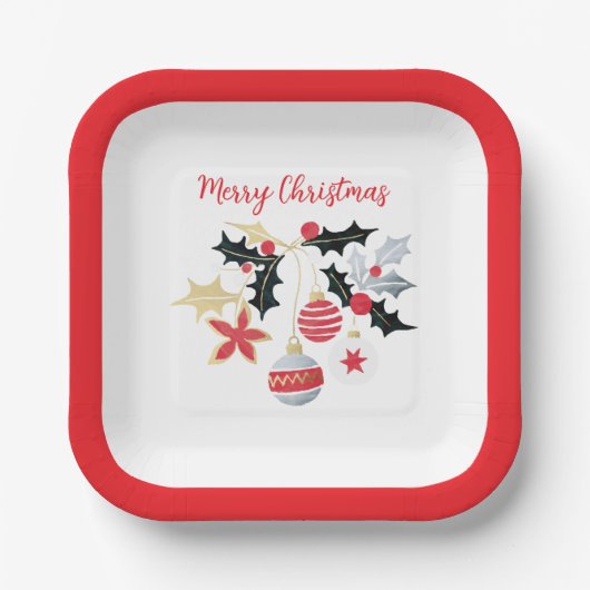 Moderne Rood Goud & Zilver Kerst Ornamenten Papieren Bordje (Voorkant)