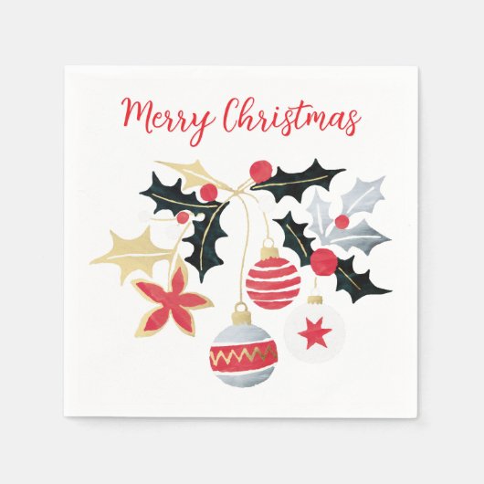 Moderne Rood Goud & Zilver Kerst Ornamenten Servet (Voorkant)