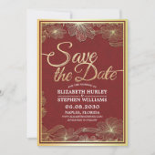 Moderne Rood Gouden Bloemrijke Lijst Huwelijk Bewa Save The Date (Voorkant)