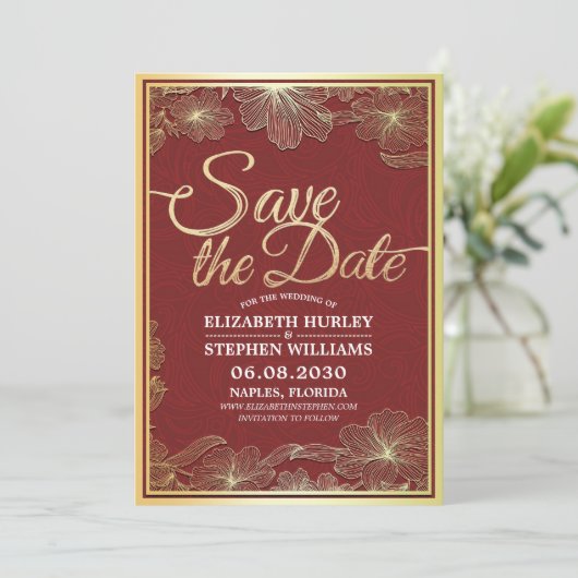 Moderne Rood Gouden Bloemrijke Lijst Huwelijk Bewa Save The Date (Staand voorkant)