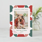 Moderne Rood & Groen Geometrisch Bloempatroon Foto Feestdagenkaart (Staand voorkant)