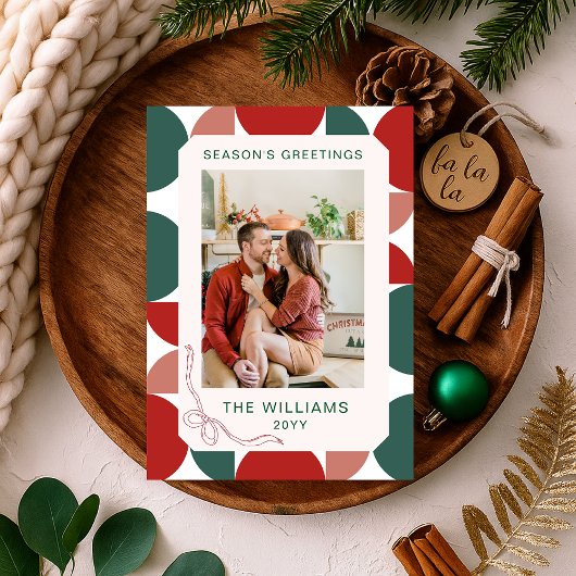 Moderne Rood & Groen Geometrisch Bloempatroon Foto Feestdagenkaart