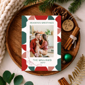 Moderne Rood & Groen Geometrisch Bloempatroon Foto Feestdagenkaart