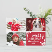 Moderne Rood & Groen Vrolijk Kerstmis Fotocollage Feestdagenkaart (Staand voorkant)