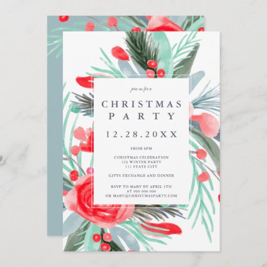 Moderne rood groene bloemenkerstfeest waterverf kaart (Voorkant / Achterkant)